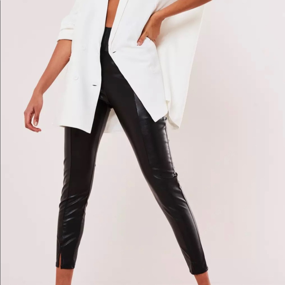 Black vegan leather split front leggings